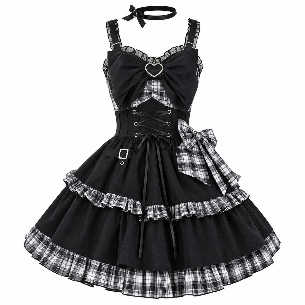 Gothic Punk Lolita JSK Dress – Victorian Plaid Bow Mini Dress