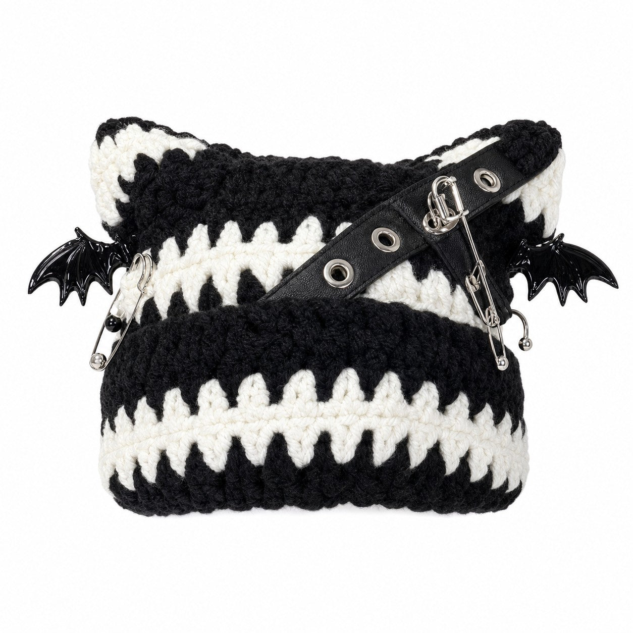 Crochet Cat Ear Beanie with Bat Wing Charms