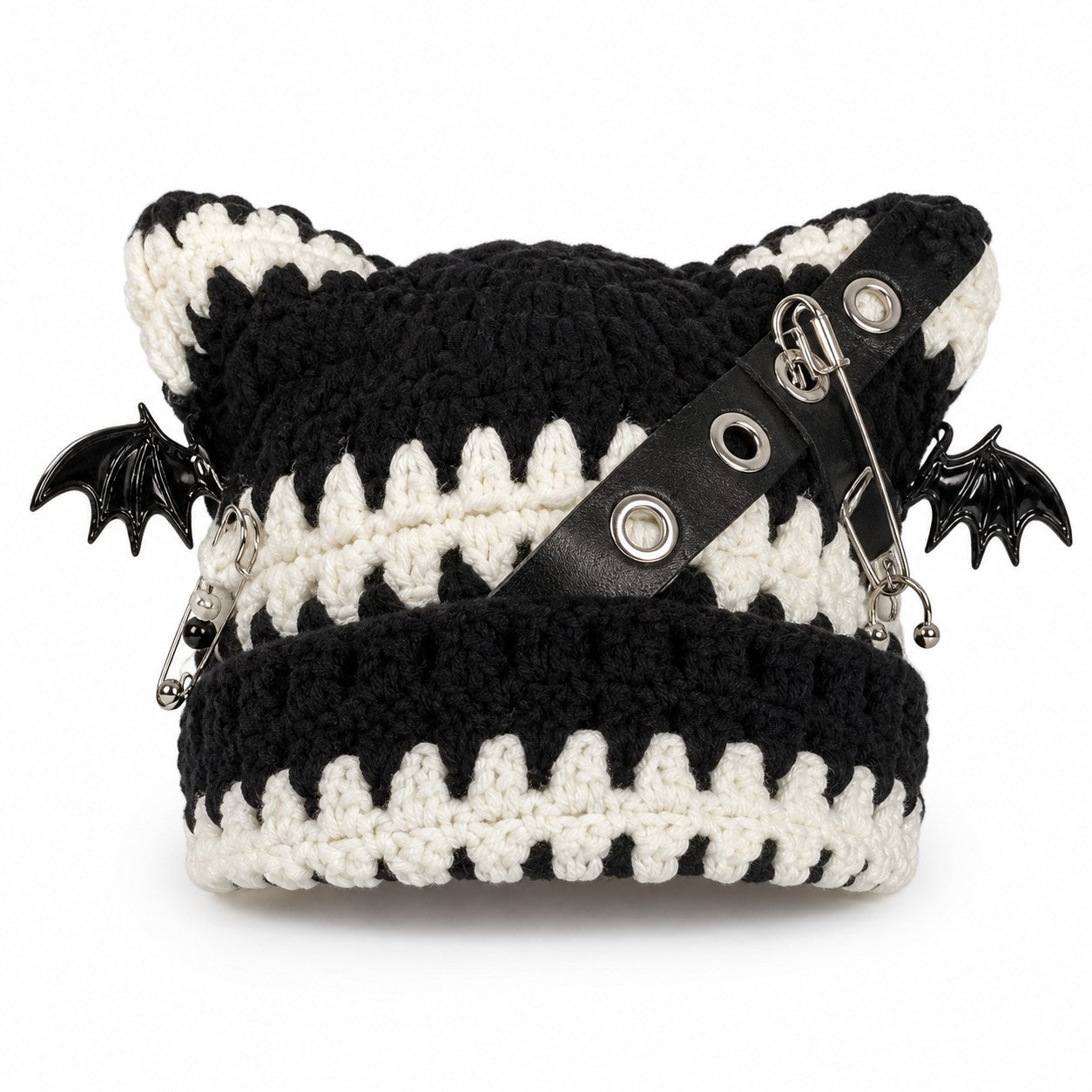 harajuku-gothic-lolita-knitted-cat-ear-hat-women-punk-designer-cross-bat-winter-beanie-hat-female-y2k-girls-accessories-cap black