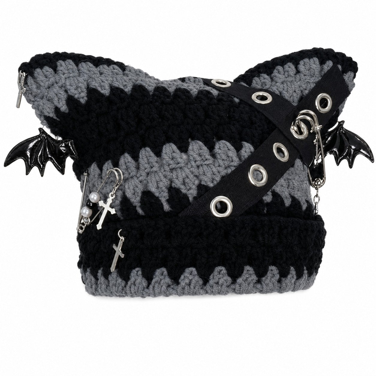 harajuku-gothic-lolita-knitted-cat-ear-hat-women-punk-designer-cross-bat-winter-beanie-hat-female-y2k-girls-accessories-cap grey
