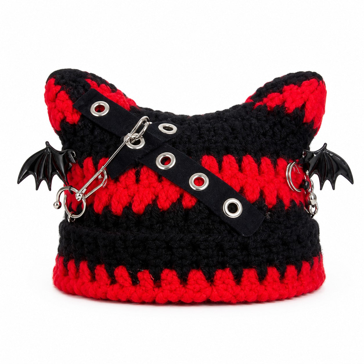 harajuku-gothic-lolita-knitted-cat-ear-hat-women-punk-designer-cross-bat-winter-beanie-hat-female-y2k-girls-accessories-cap red