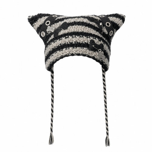Cat Ear Ear-Flap Beanie with Pompoms