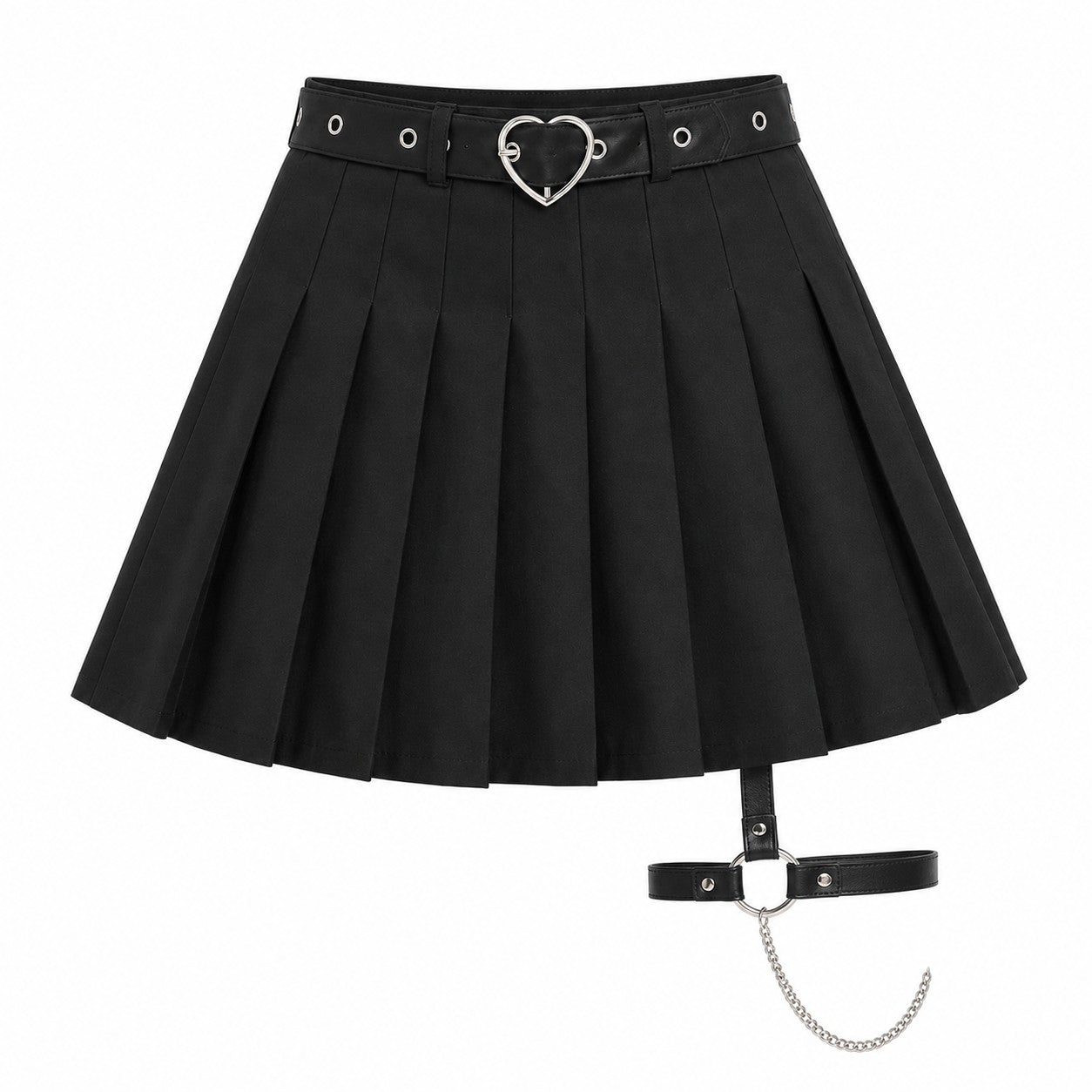 Pleated Skirt with Heart Buckle Belt (Black/White)