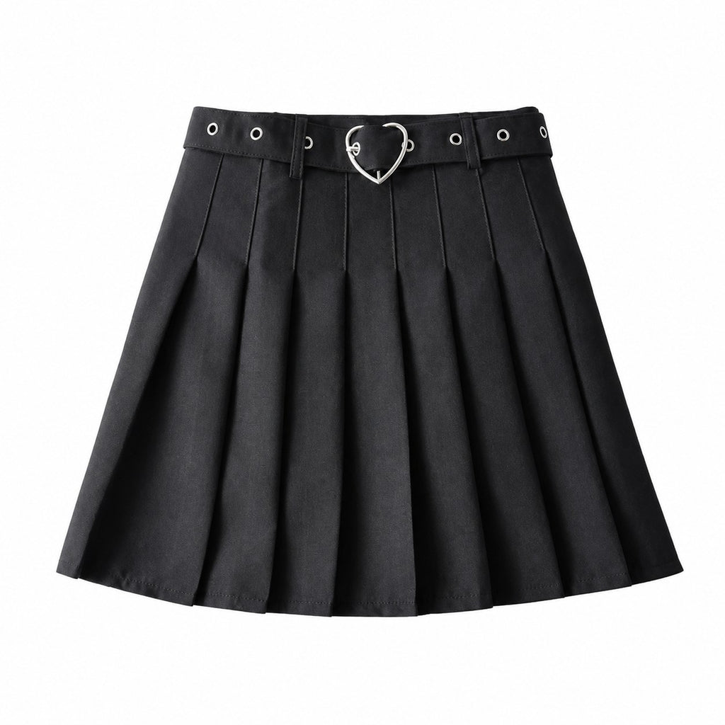 Pleated Skirt with Heart Buckle Belt (Black/White) - Black