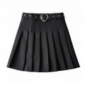 Pleated Skirt with Heart Buckle Belt (Black/White) - Black