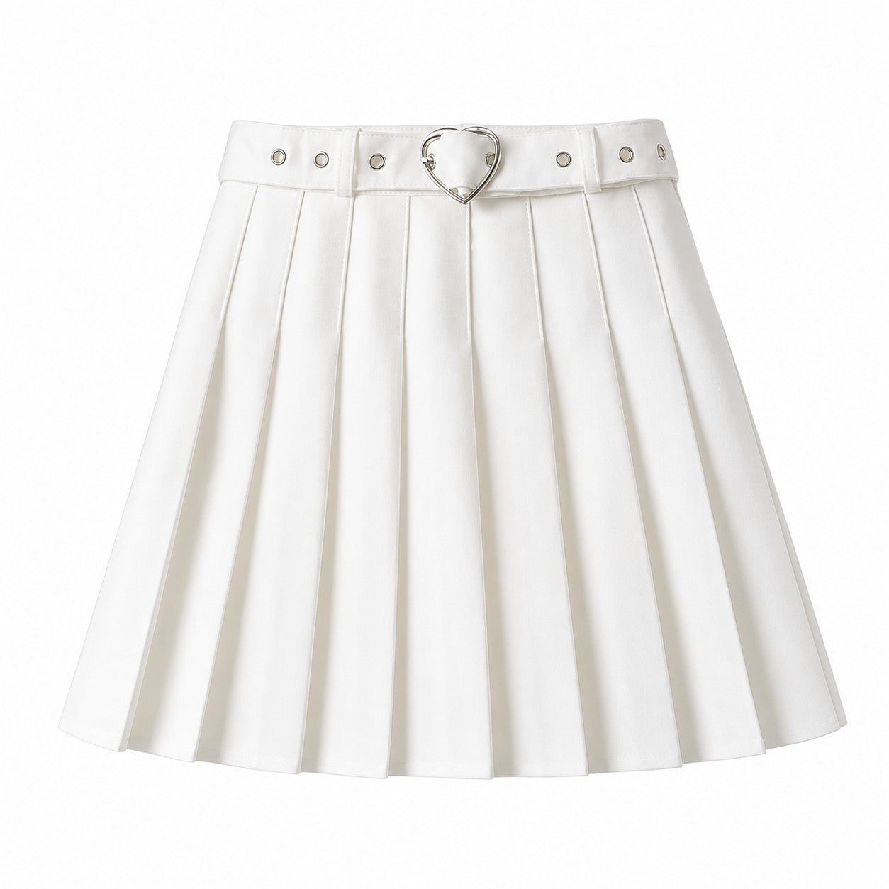 Pleated Skirt with Heart Buckle Belt (Black/White) - White