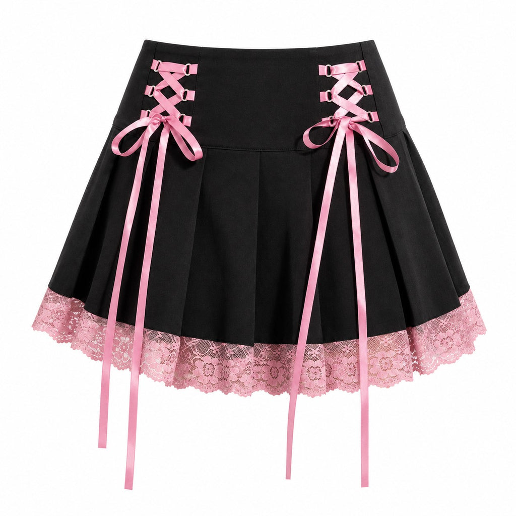 Lace-Up Pleated Skirt with Lace Hem