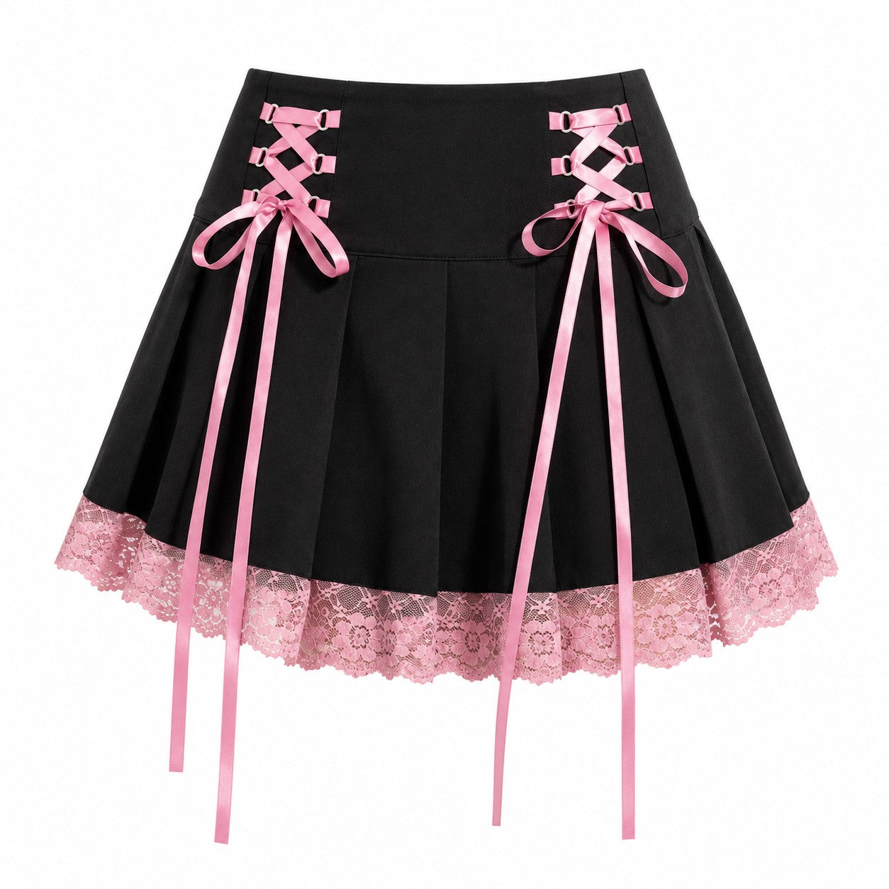 Lace-Up Pleated Skirt with Lace Hem