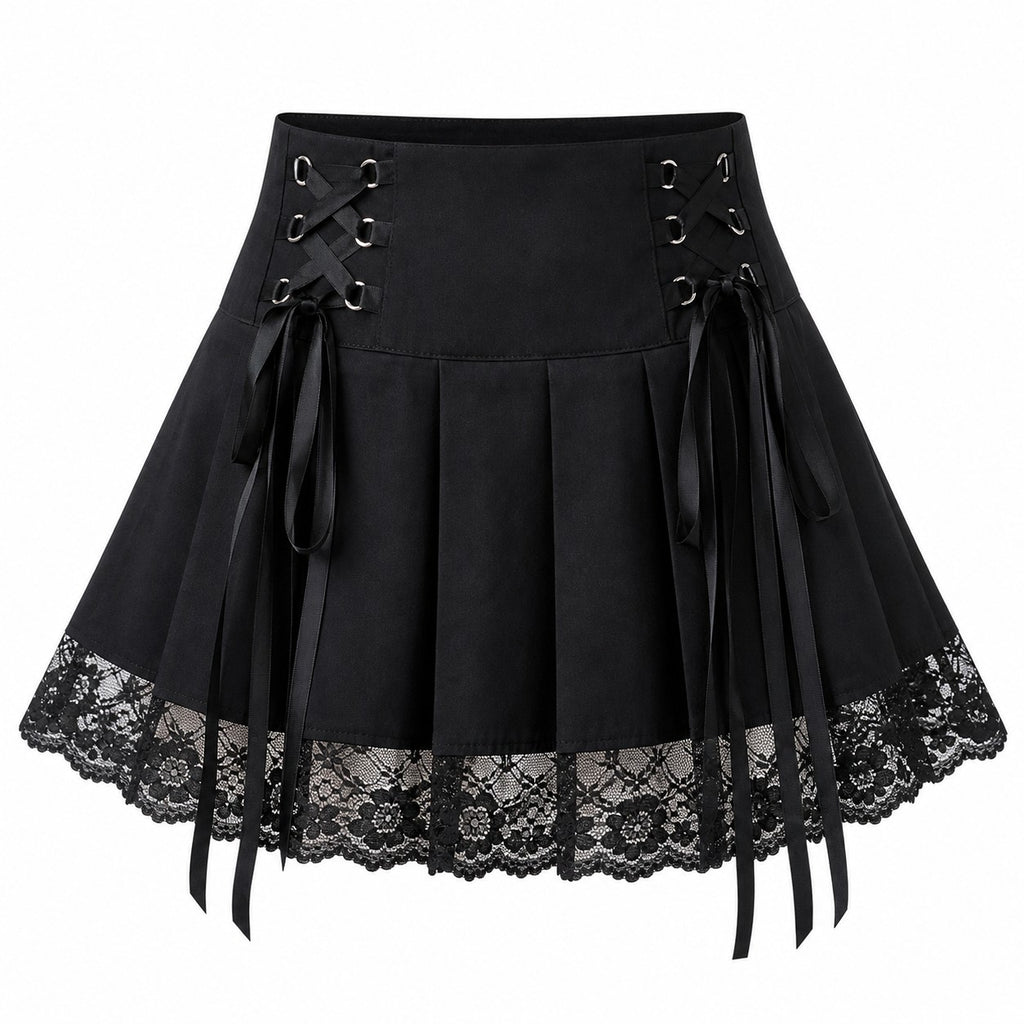 Lace-Up Pleated Skirt with Lace Hem - Black
