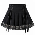 Lace-Up Pleated Skirt with Lace Hem - Black