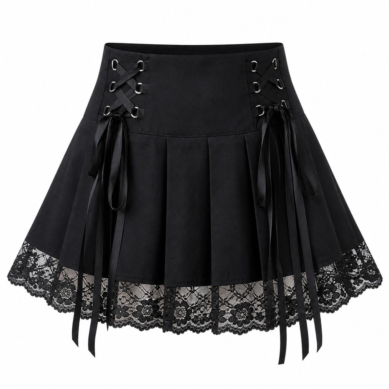 Lace-Up Pleated Skirt with Lace Hem - Black