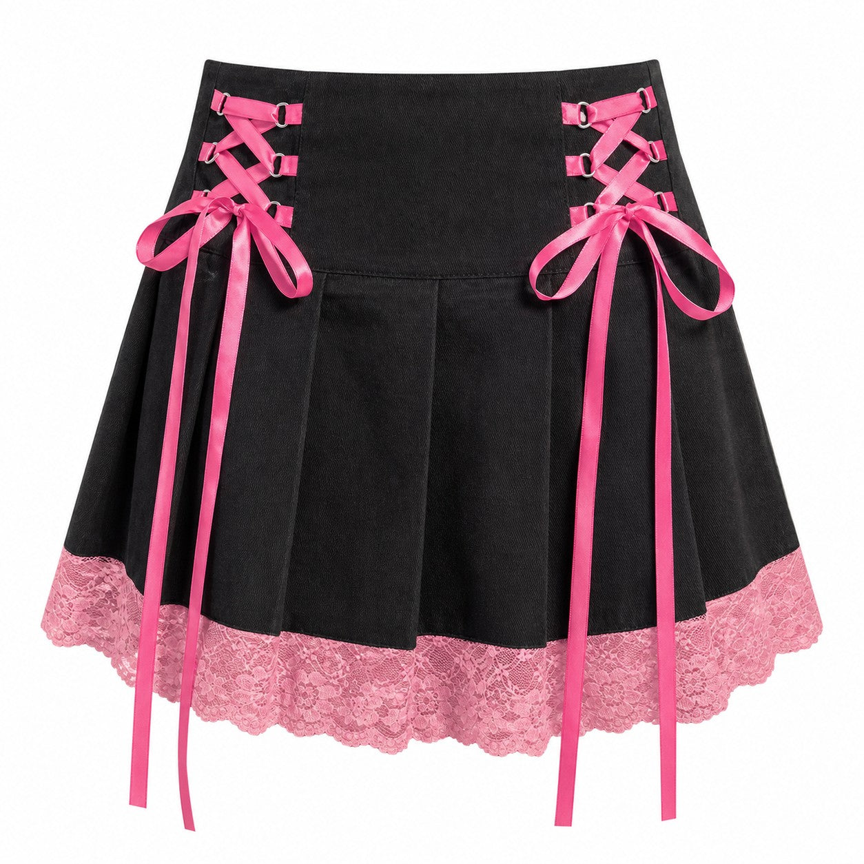 Lace-Up Pleated Skirt with Lace Hem - Pink