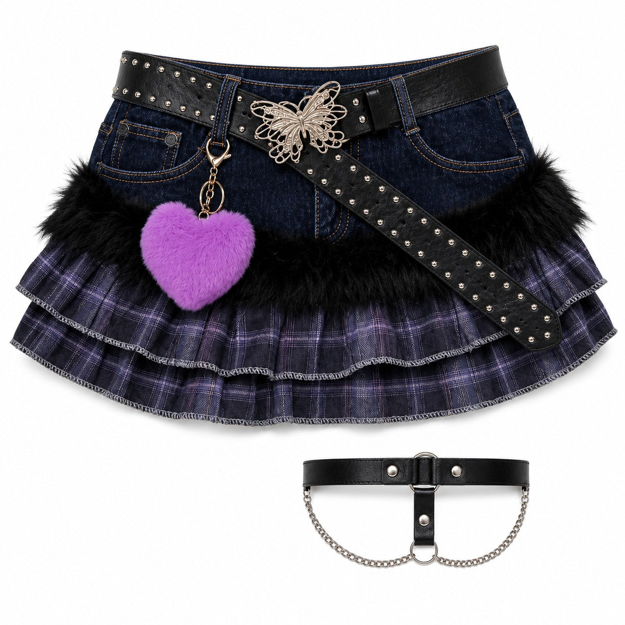 Grey Plaid Denim Ruffle Skirt with Fur Trim