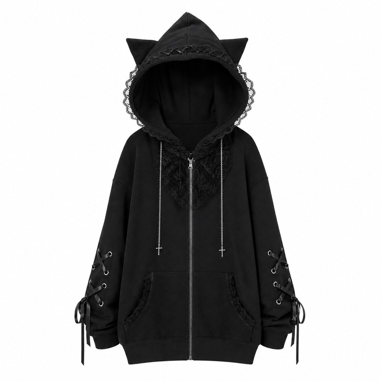 Cat Ear Cross Zip-Up Hoodie with Lace-Up Sleeves