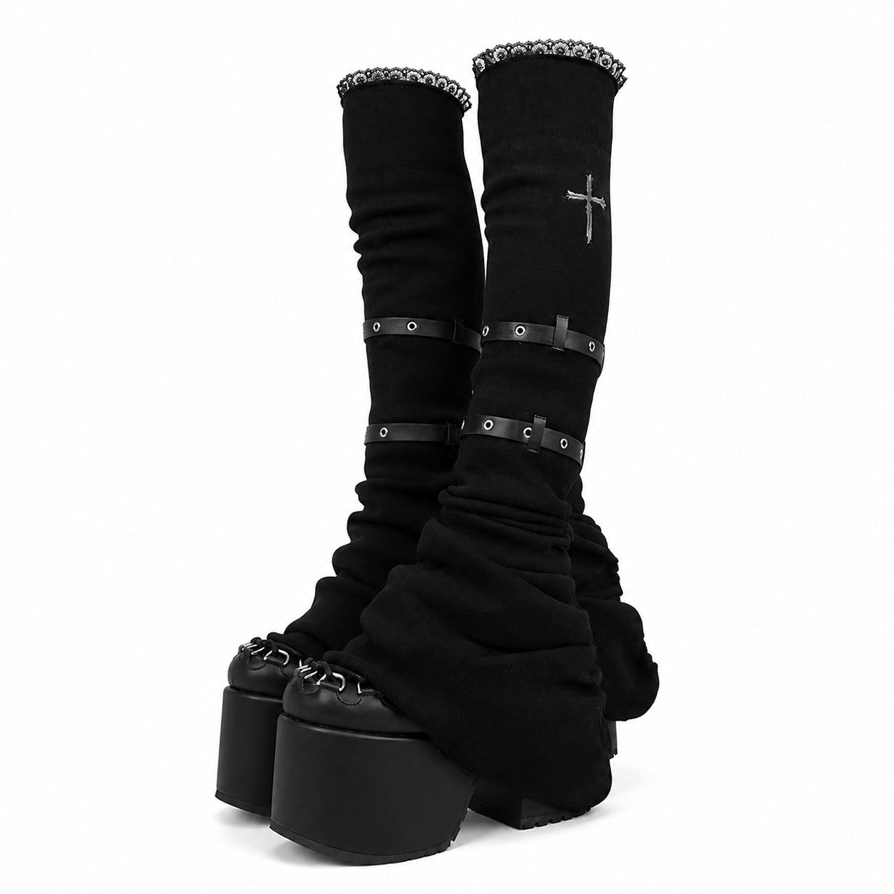 japanese-lace-patchwork-grunge-flare-leg-warmers-socks-women-cross-gothic-girls-knee-high-boots-cover-belt-y2k-aesthetic-punk Black