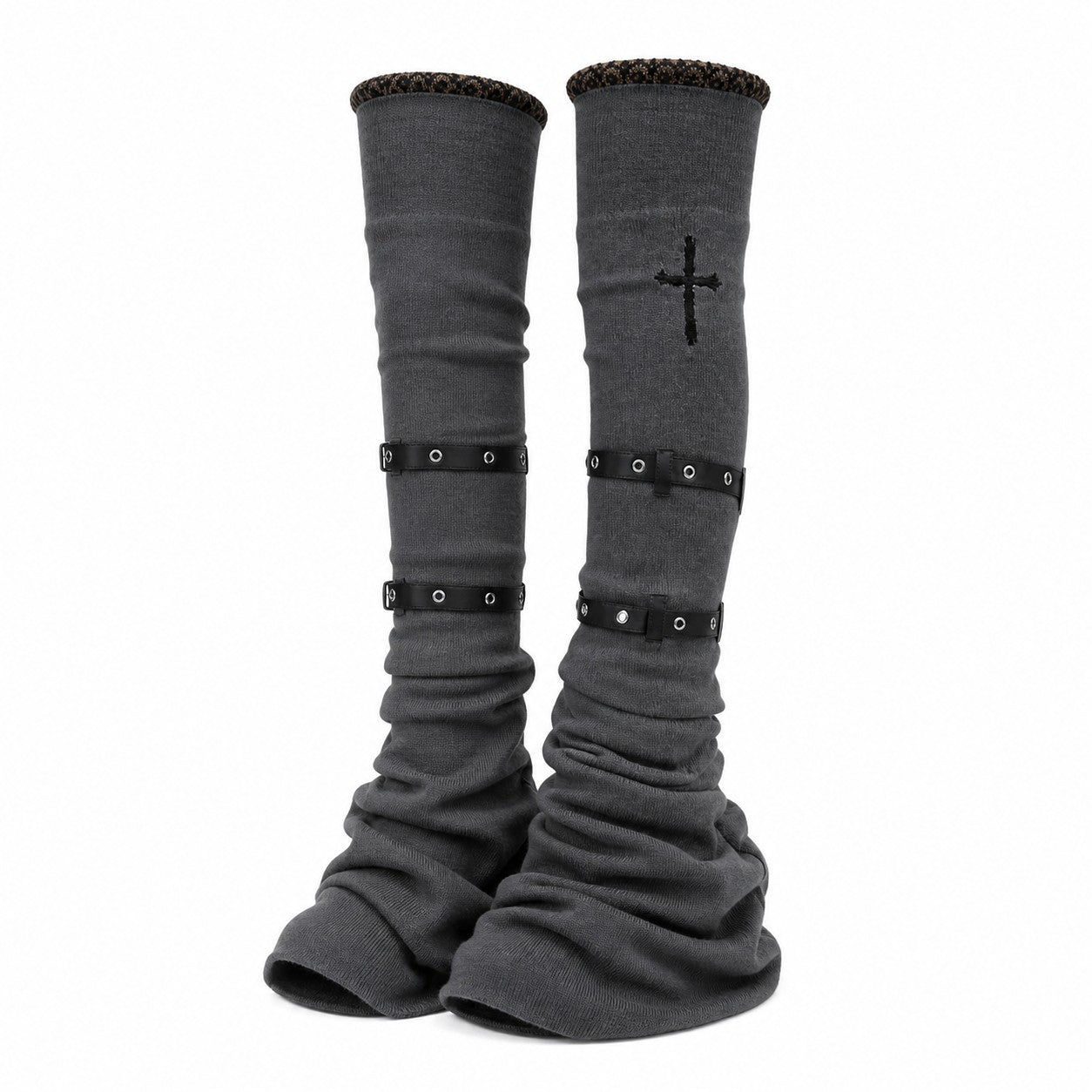 japanese-lace-patchwork-grunge-flare-leg-warmers-socks-women-cross-gothic-girls-knee-high-boots-cover-belt-y2k-aesthetic-punk GRAY