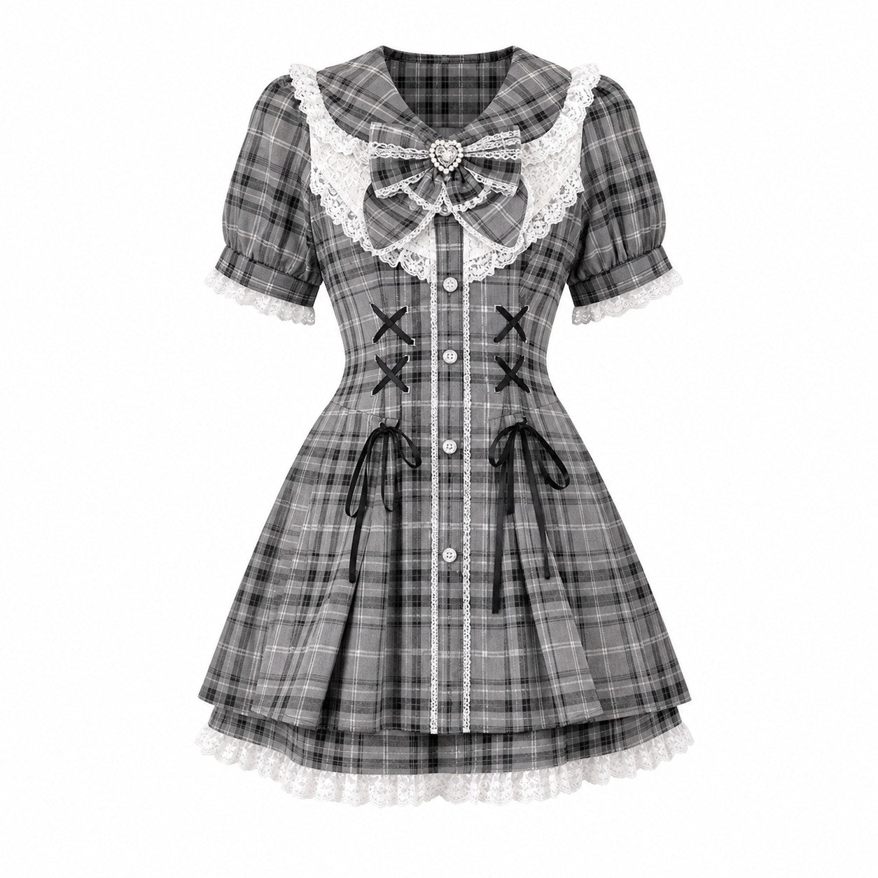 Jirai Kei Bow Dress Women Sweet Kawaii Style Black Pink Lolita Y2K Skirt Lace Short Sleeve Outfits Japanese School Girl Uniform