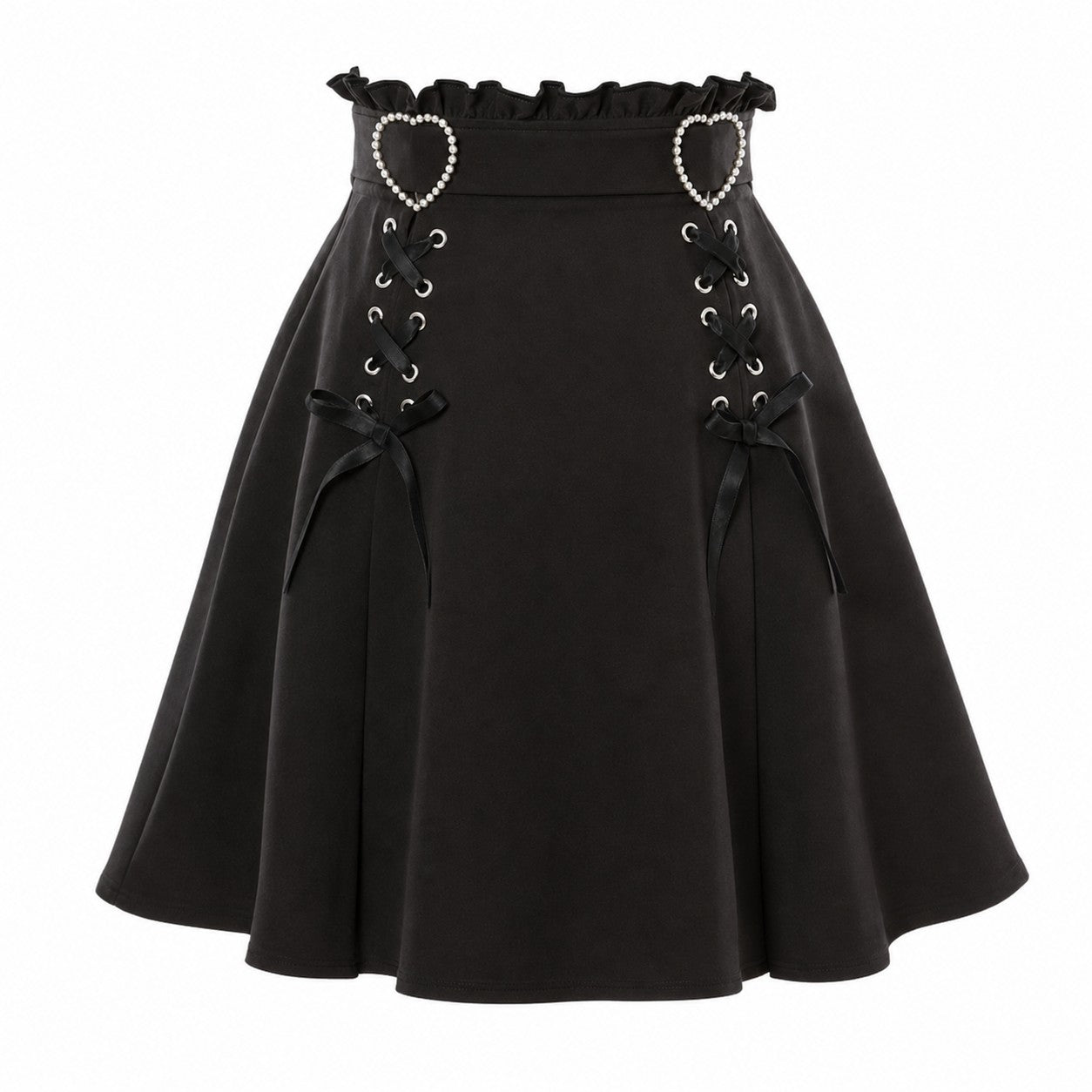 Heart Buckle Lace-Up Flared Mini Skirt - Black