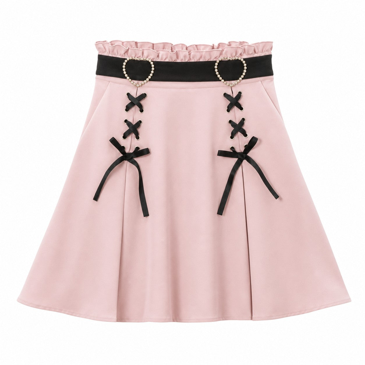 Heart Buckle Lace-Up Flared Mini Skirt - Pink