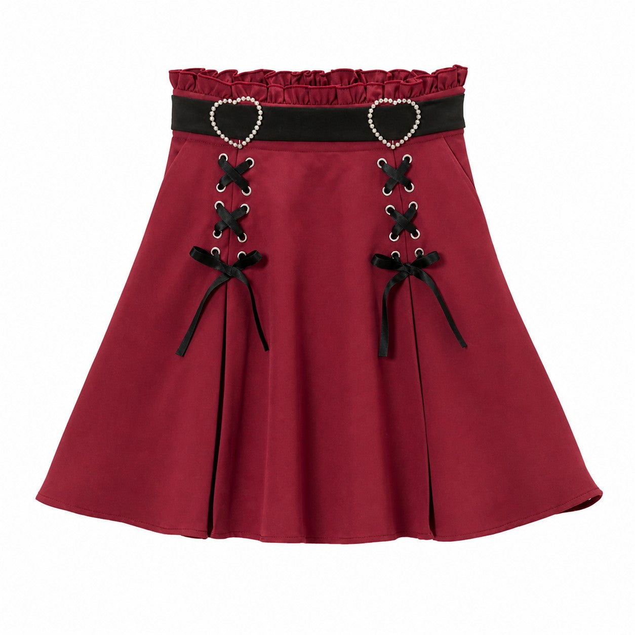 Heart Buckle Lace-Up Flared Mini Skirt - Red