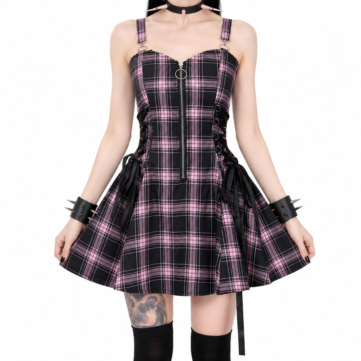 Kh21080 Plaid Drawstring Zipper Dress