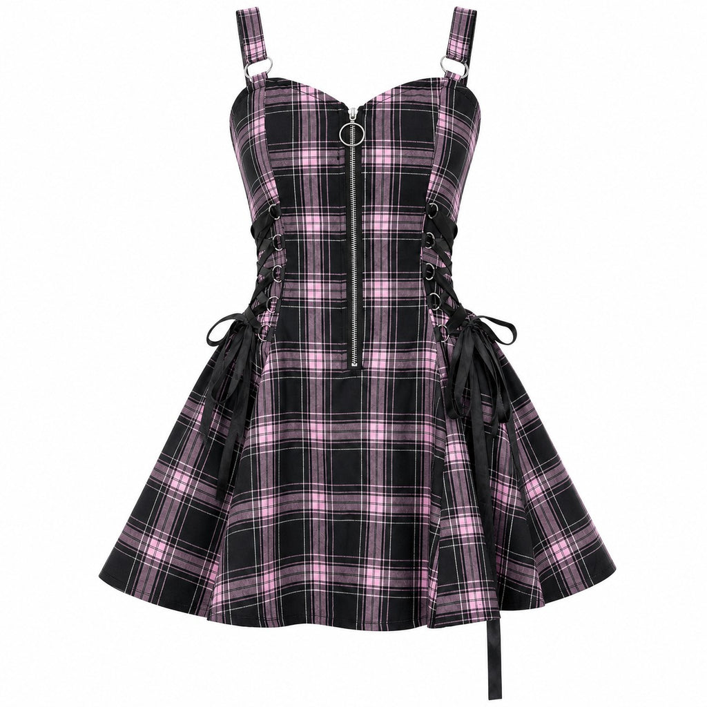 Kh21080 Plaid Drawstring Zipper Dress