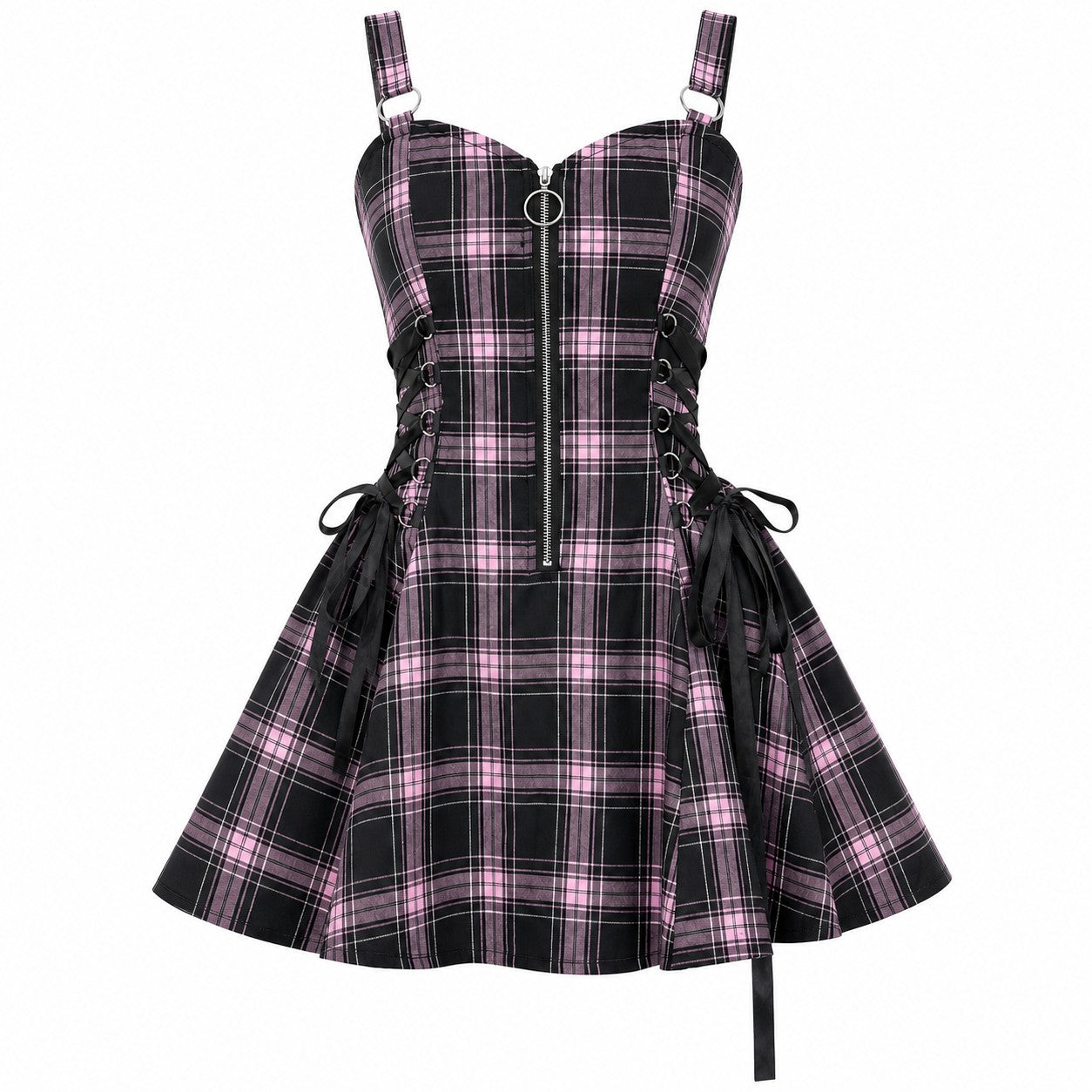 Kh21080 Plaid Drawstring Zipper Dress