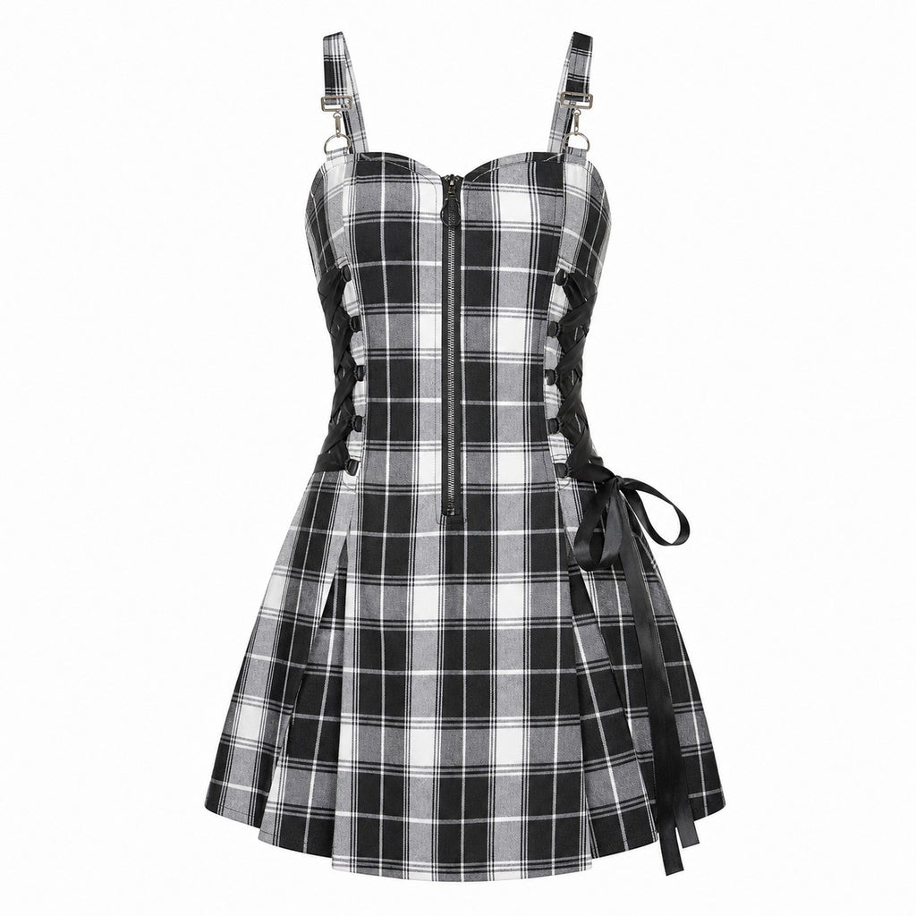 kh21080-plaid-drawstring-zipper-dress Black
