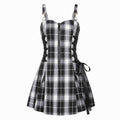 kh21080-plaid-drawstring-zipper-dress Black