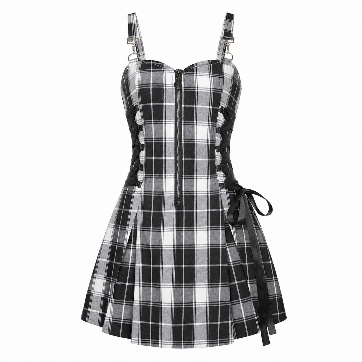 kh21080-plaid-drawstring-zipper-dress Black