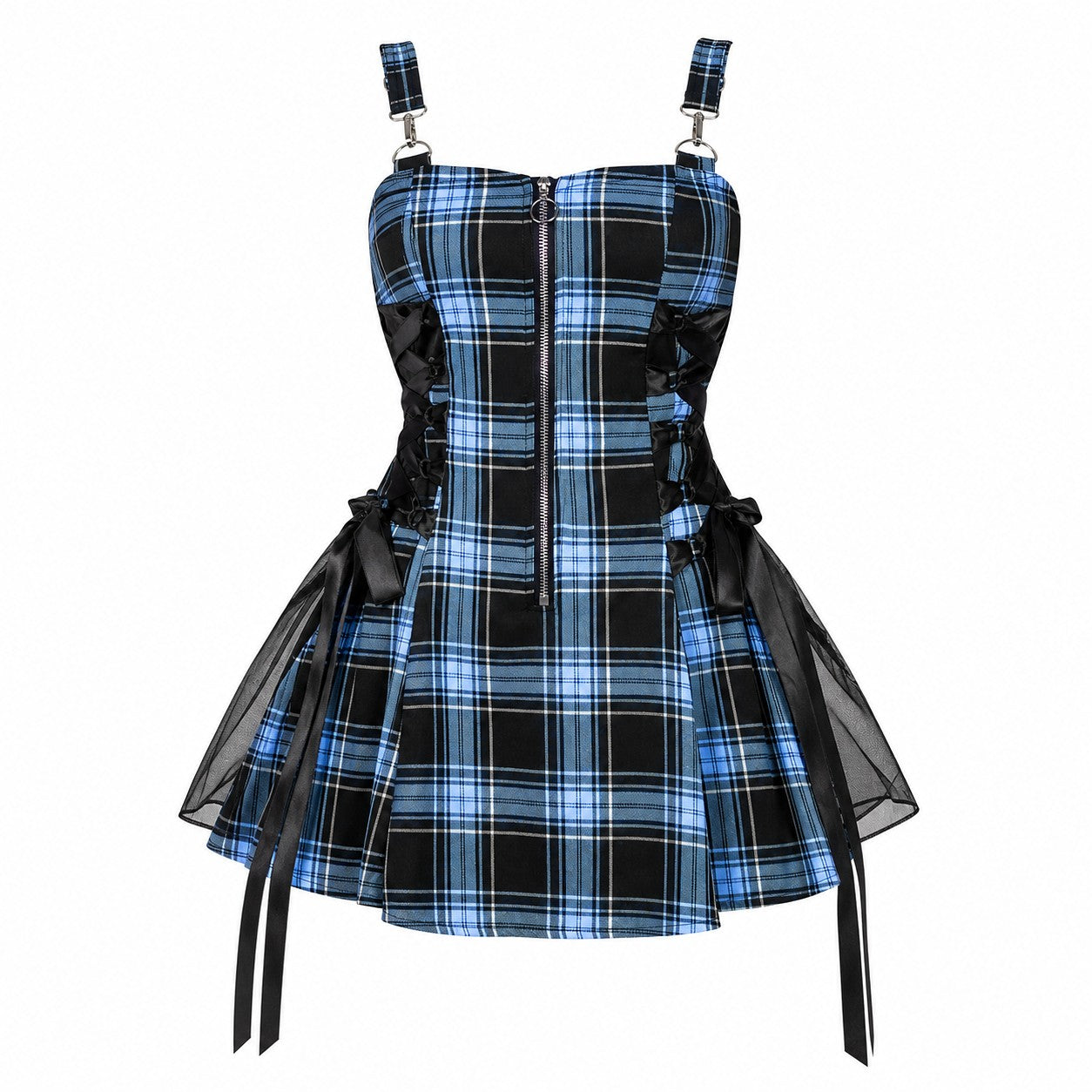 kh21080-plaid-drawstring-zipper-dress Blue