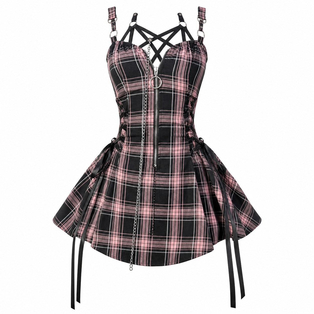 kh21080-plaid-drawstring-zipper-dress Pink