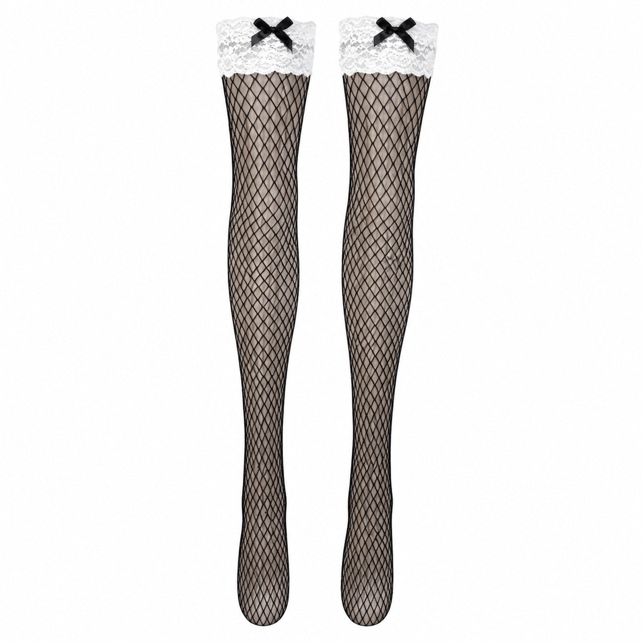 Lace-Top Fishnet Thigh-High Stockings with Bow
