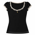Lace-Trim Cap Sleeve Top with Cross Charm