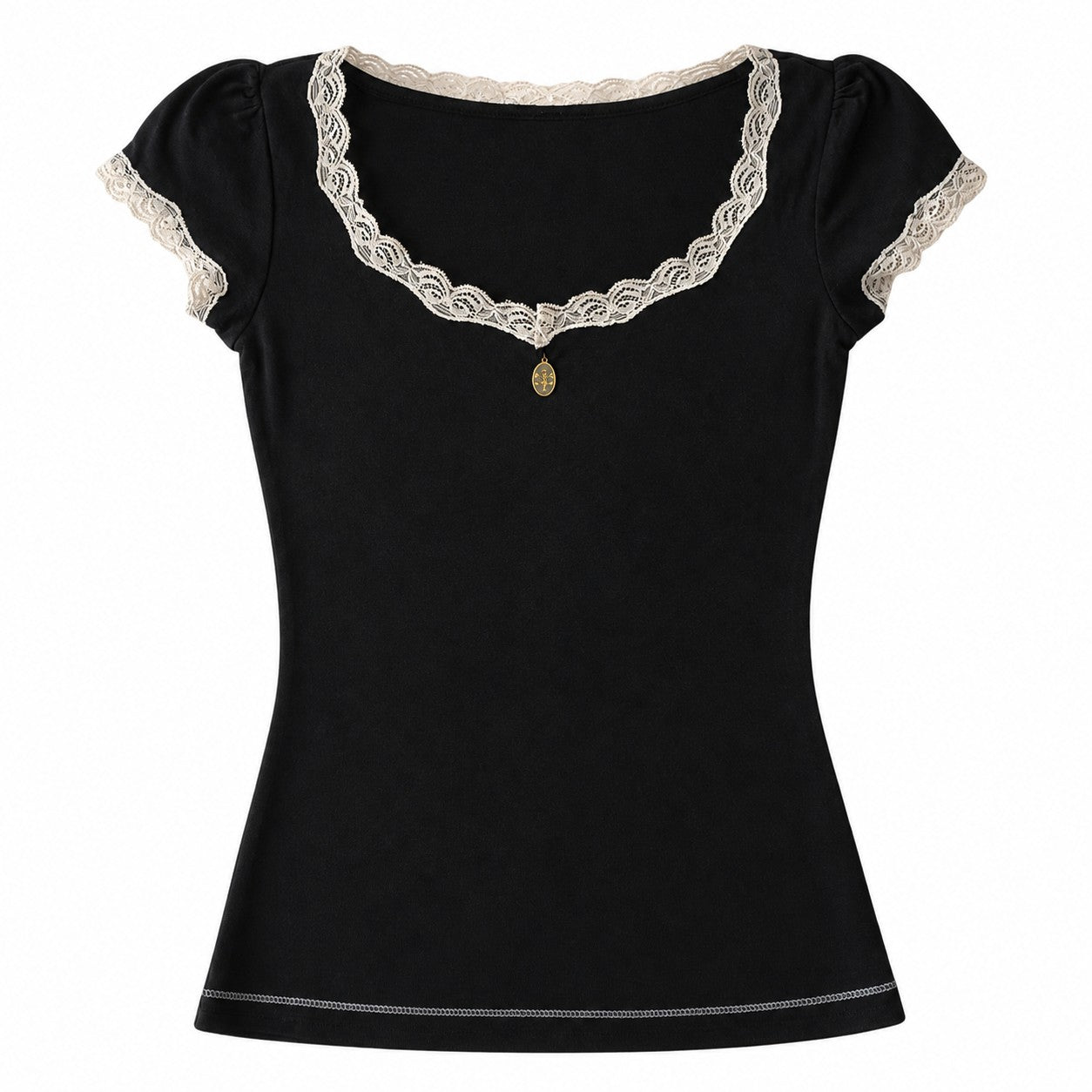 Lace-Trim Cap Sleeve Top with Cross Charm