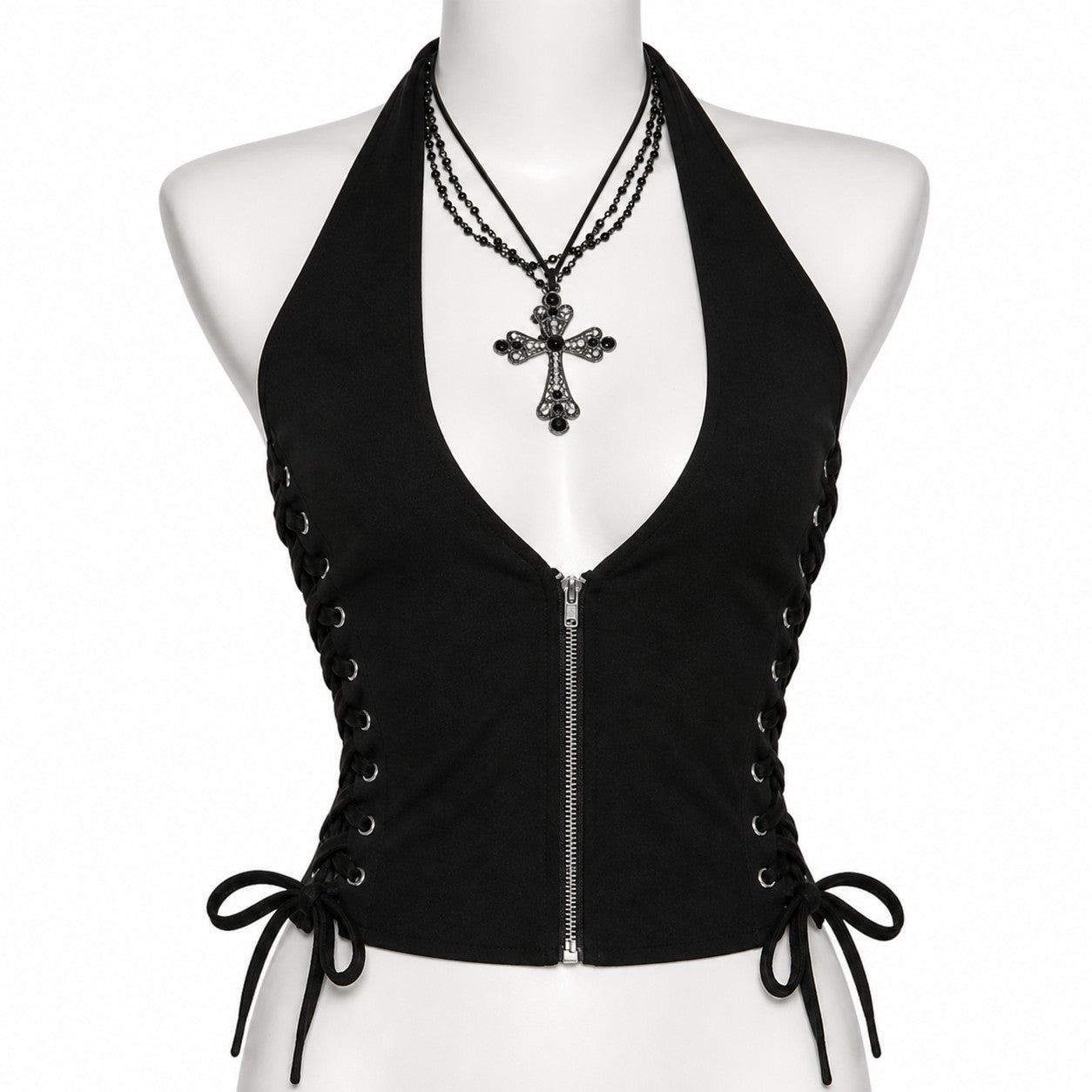 Halter Lace-Up Zip Crop Top with Cross