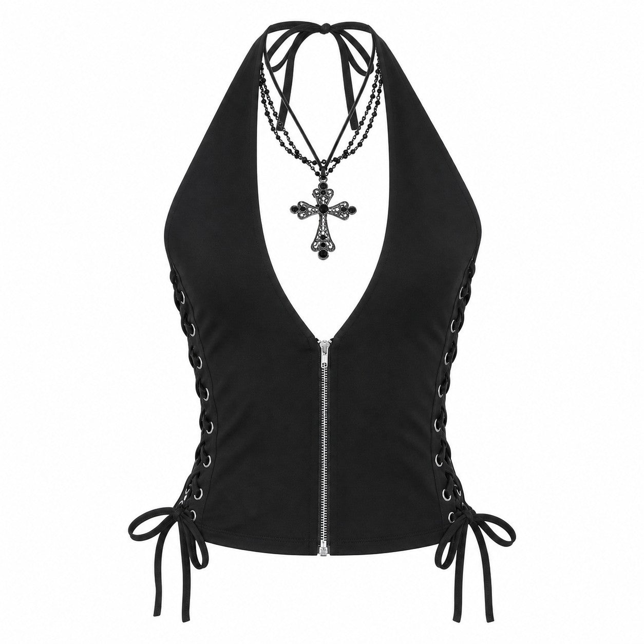 Halter Lace-Up Zip Crop Top with Cross