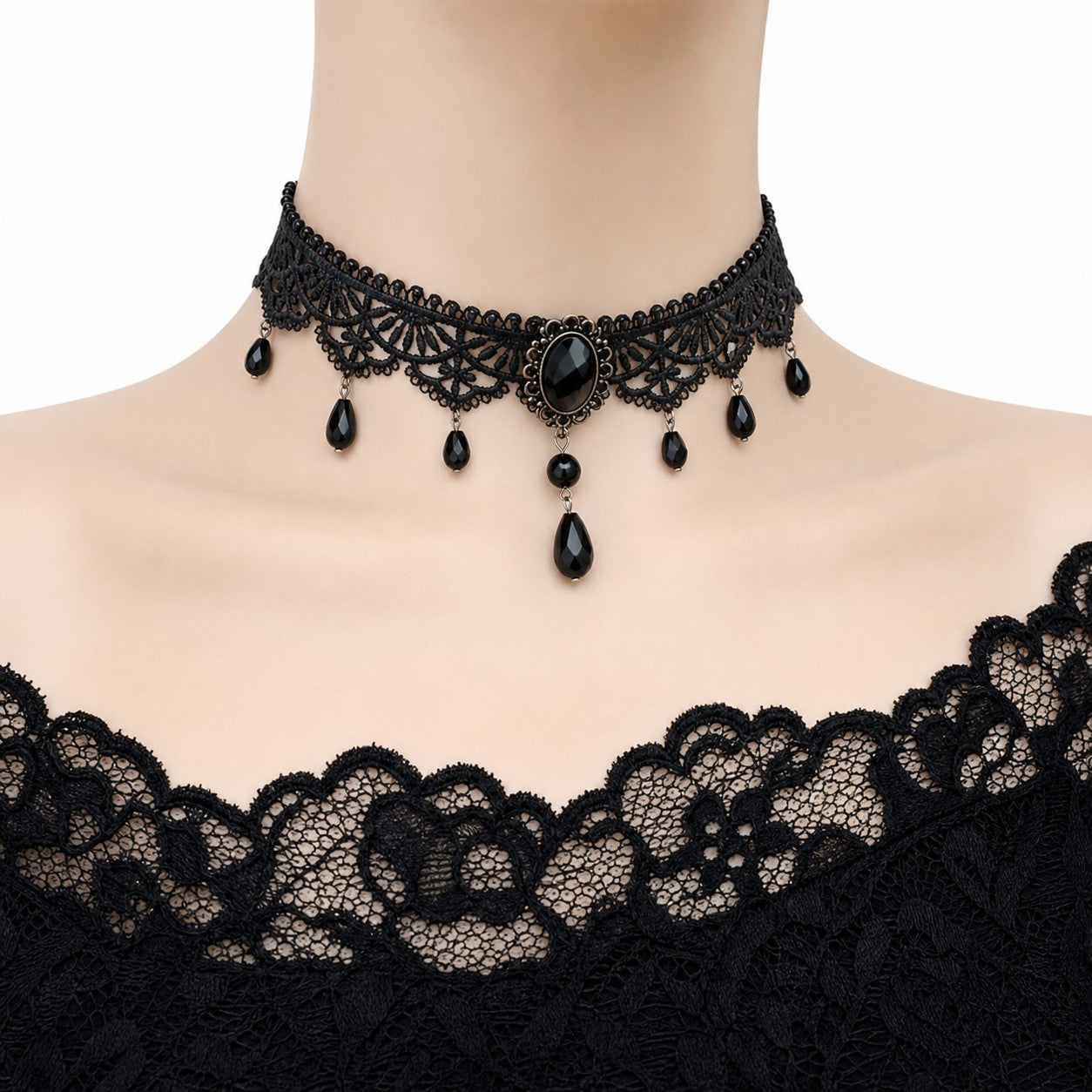 Black Lace Choker with Gem Teardrops