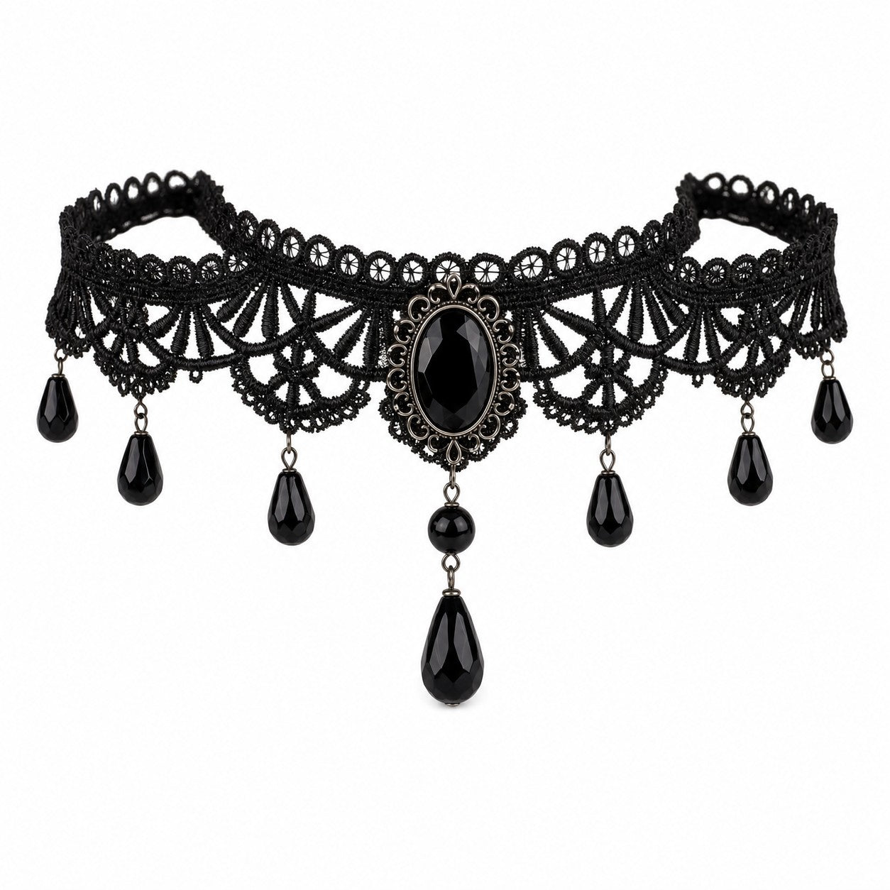 Black Lace Choker with Gem Teardrops