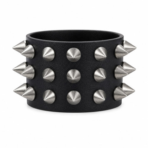 Black Spiked Leather Wide Cuff Bracelet