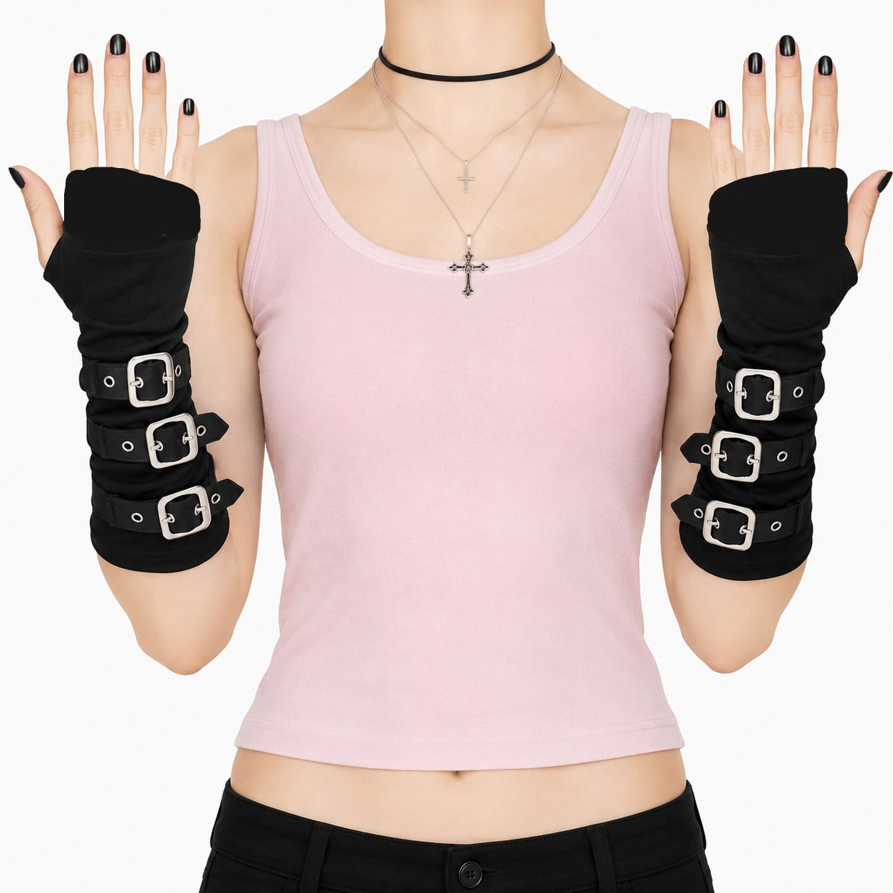Metal Buckle Strap Fingerless Arm Sleeves