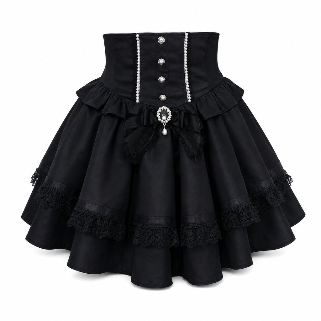 Lace Ruffle Tiered Skirt with Lace-Up Sides - black