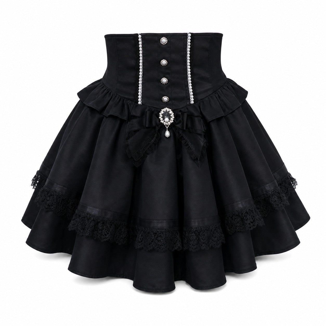 Lace Ruffle Tiered Skirt with Lace-Up Sides - black