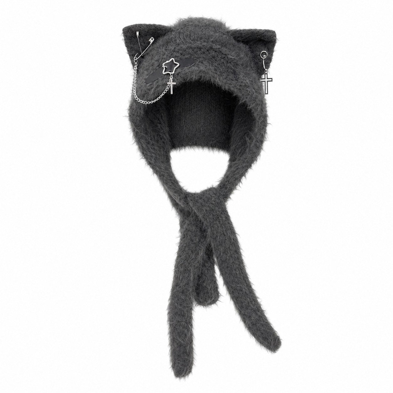 Fuzzy Cat Ear Hood Hat with Charms & Chain