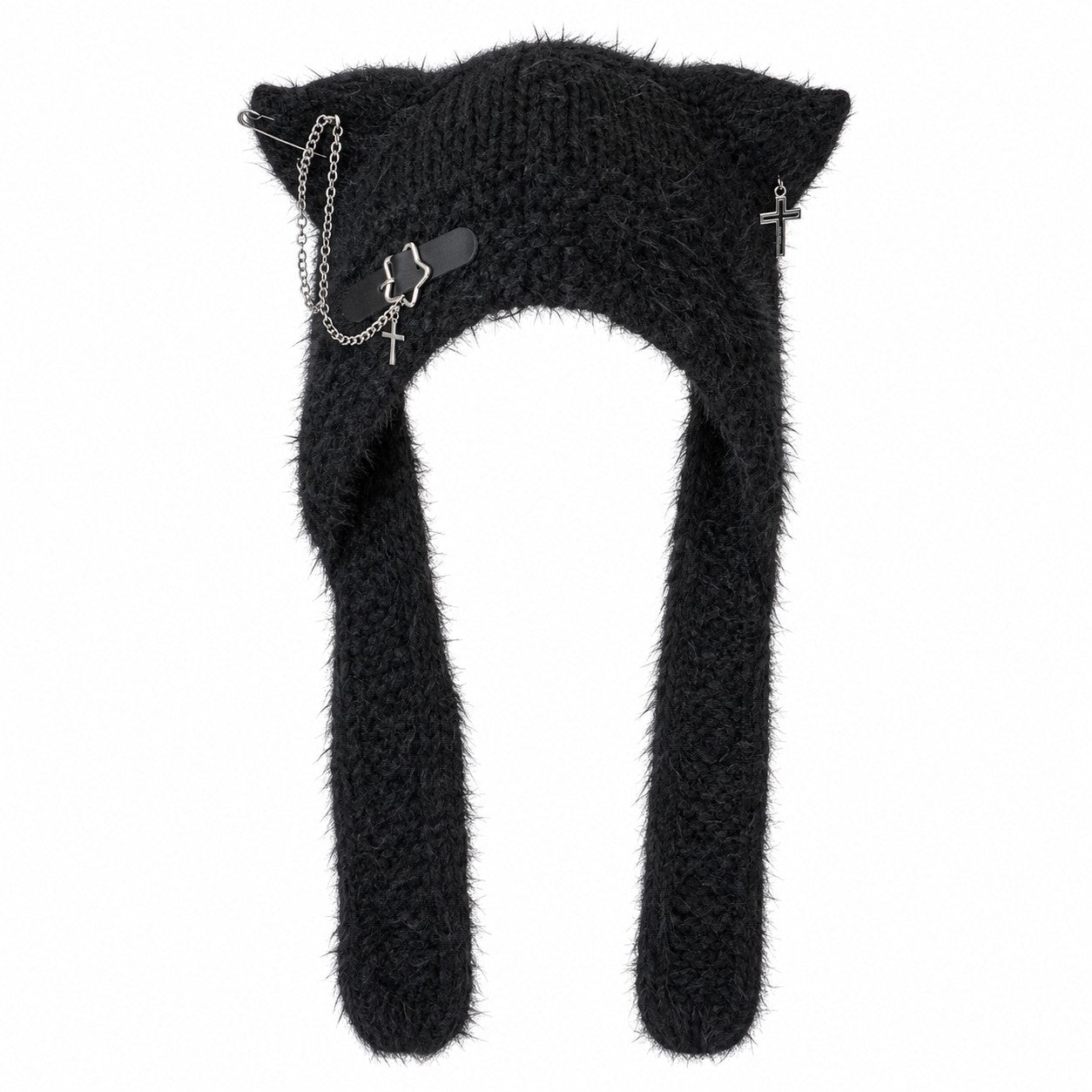original-harajuku-japanese-kawaii-cat-ear-hat-with-scarf-women-girls-y2k-punk-cross-chain-leather-buckle-knitted-winter-warm-cap black