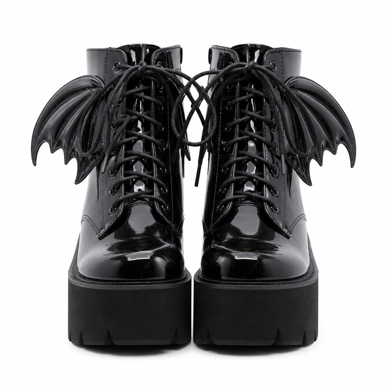 Bat Wing Patent Platform Ankle Boots