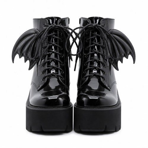 Bat Wing Patent Platform Ankle Boots