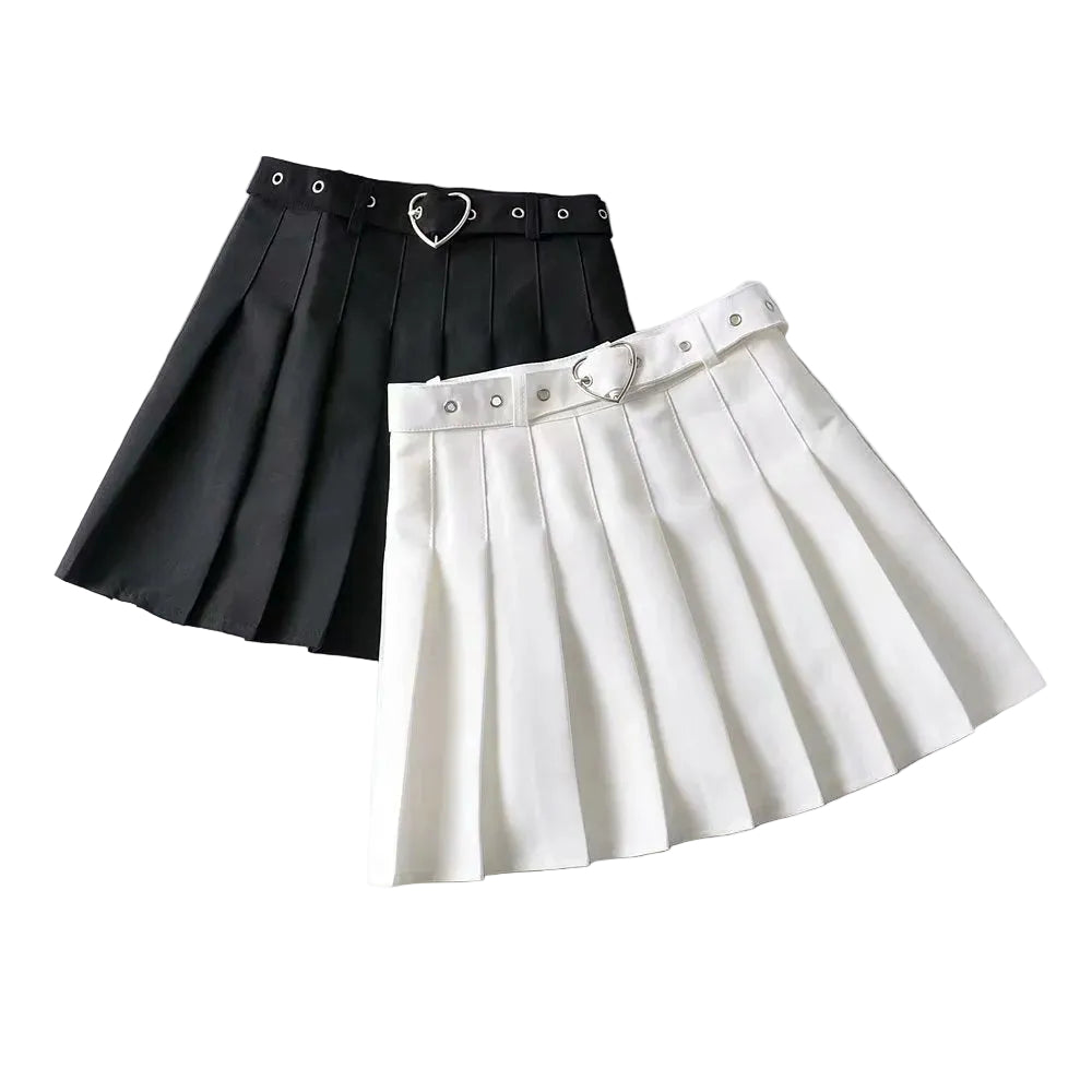 Pleated Skirt with Heart Buckle Belt (Black/White) — AltBrat