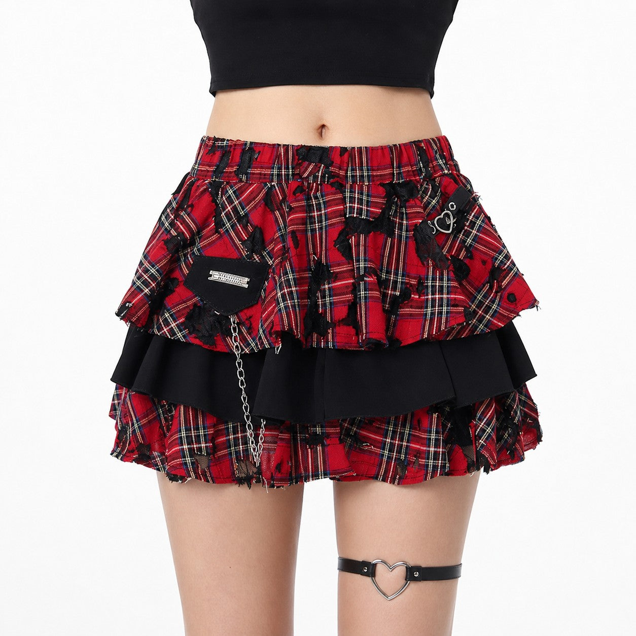 Red Plaid Tiered Ruffle Punk Mini Skirt