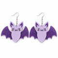 Purple Glittery Spooky Halloween Bat Earrings | Acrylic Spliced Design, Sequin Studs